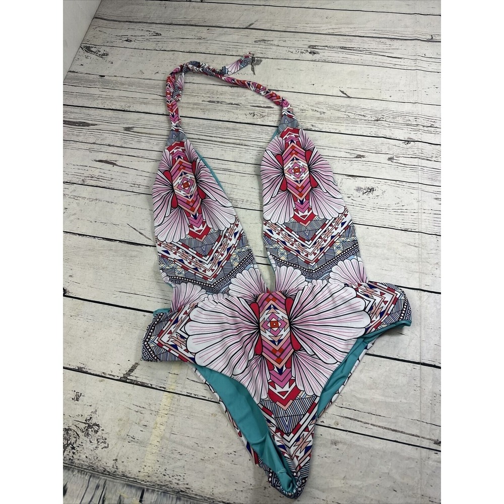Bleuice 2XL One Piece Swimsuit Halter Deep V Geometric Tribal Monokini Pink